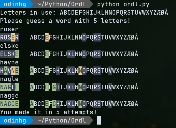 screenshot of the ordl game in terminal
